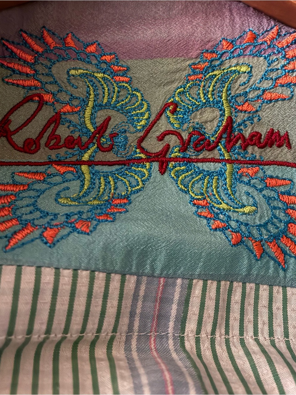 Robert Graham Striped Shirt with Teal & Coral Embroidered Accent